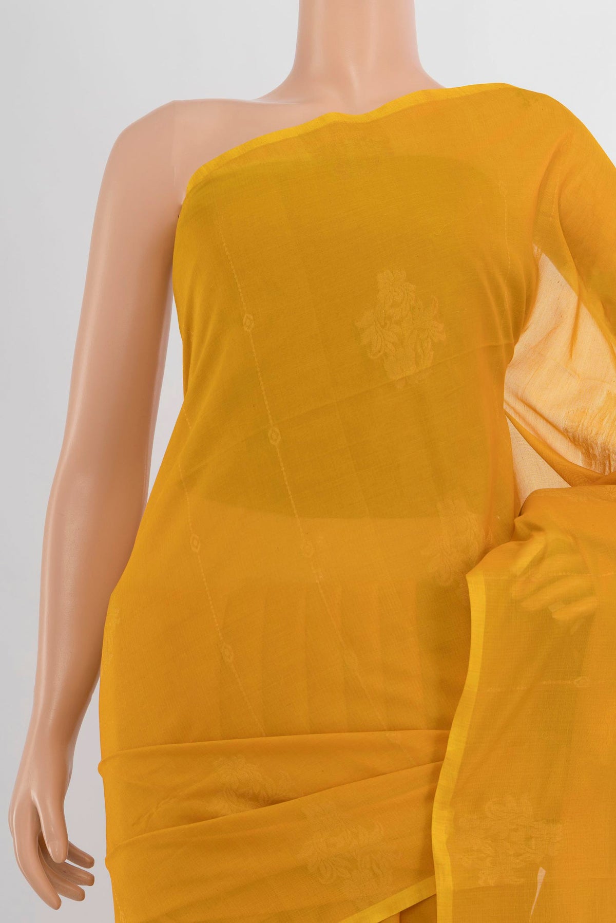 Border image of Yellow Kora Cotton Saree with Zari Butta on the body and Silk Border. 