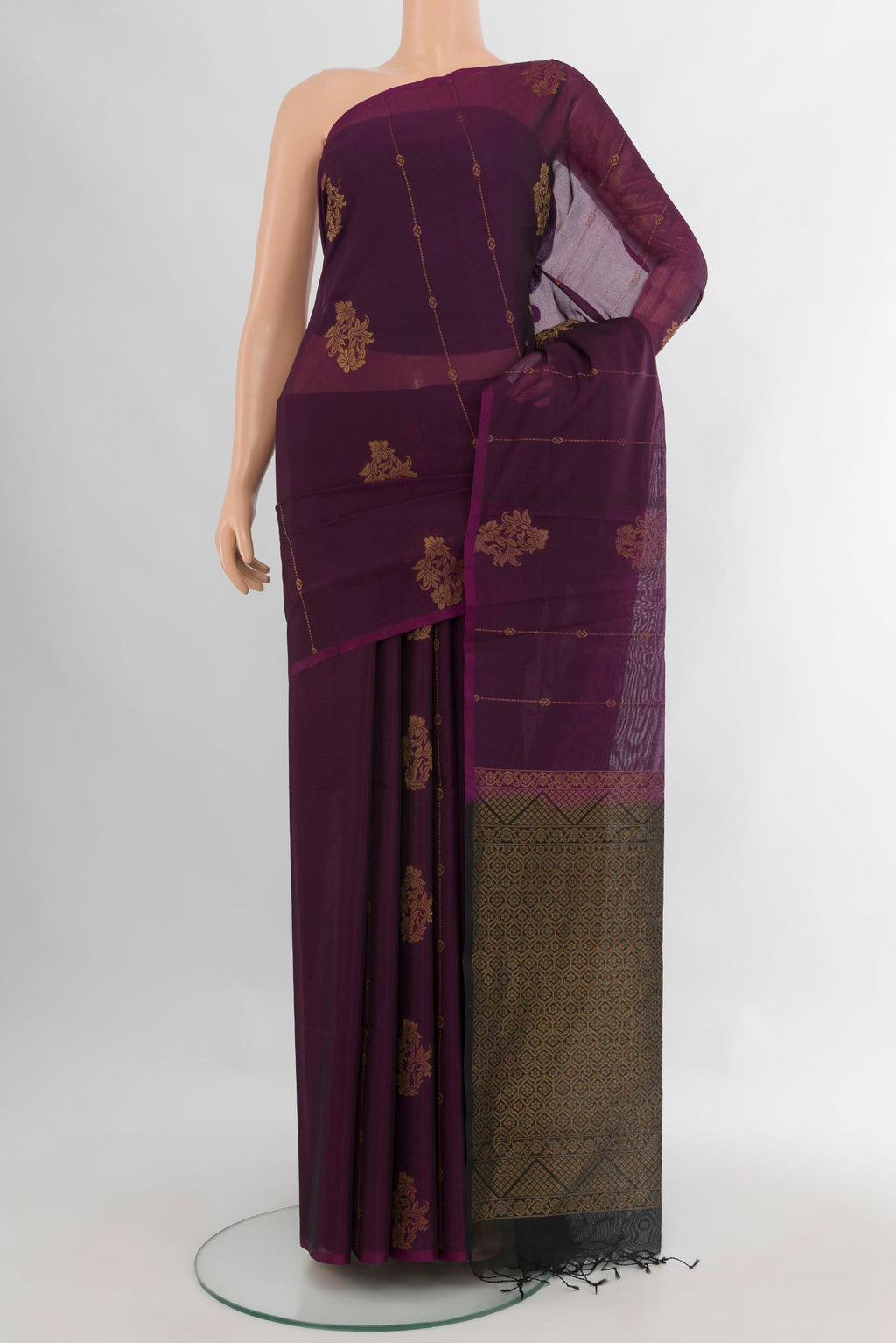 Purple Silk Cotton Saree with Zari Butta on the body and Without Border.  displayed on a mannequin