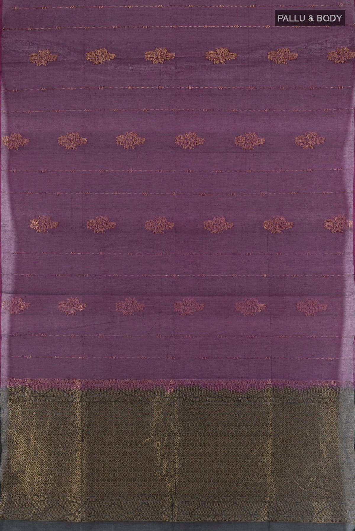 Flat view of Purple Silk Cotton Saree with Zari Butta on the body and Without Border. 