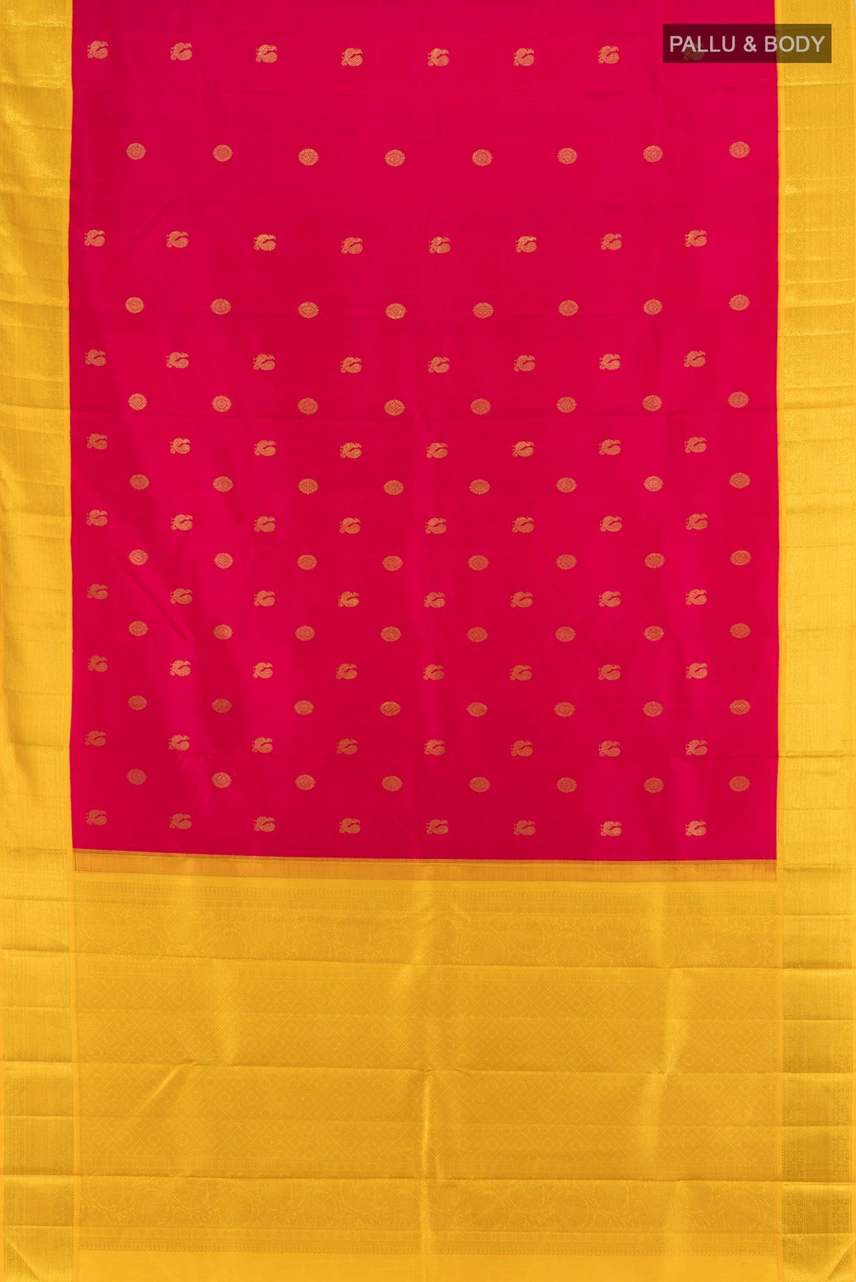 Flat view of Pure Silk Red Kanchipuram Saree with Zari Butta on the body and Zari Border. 