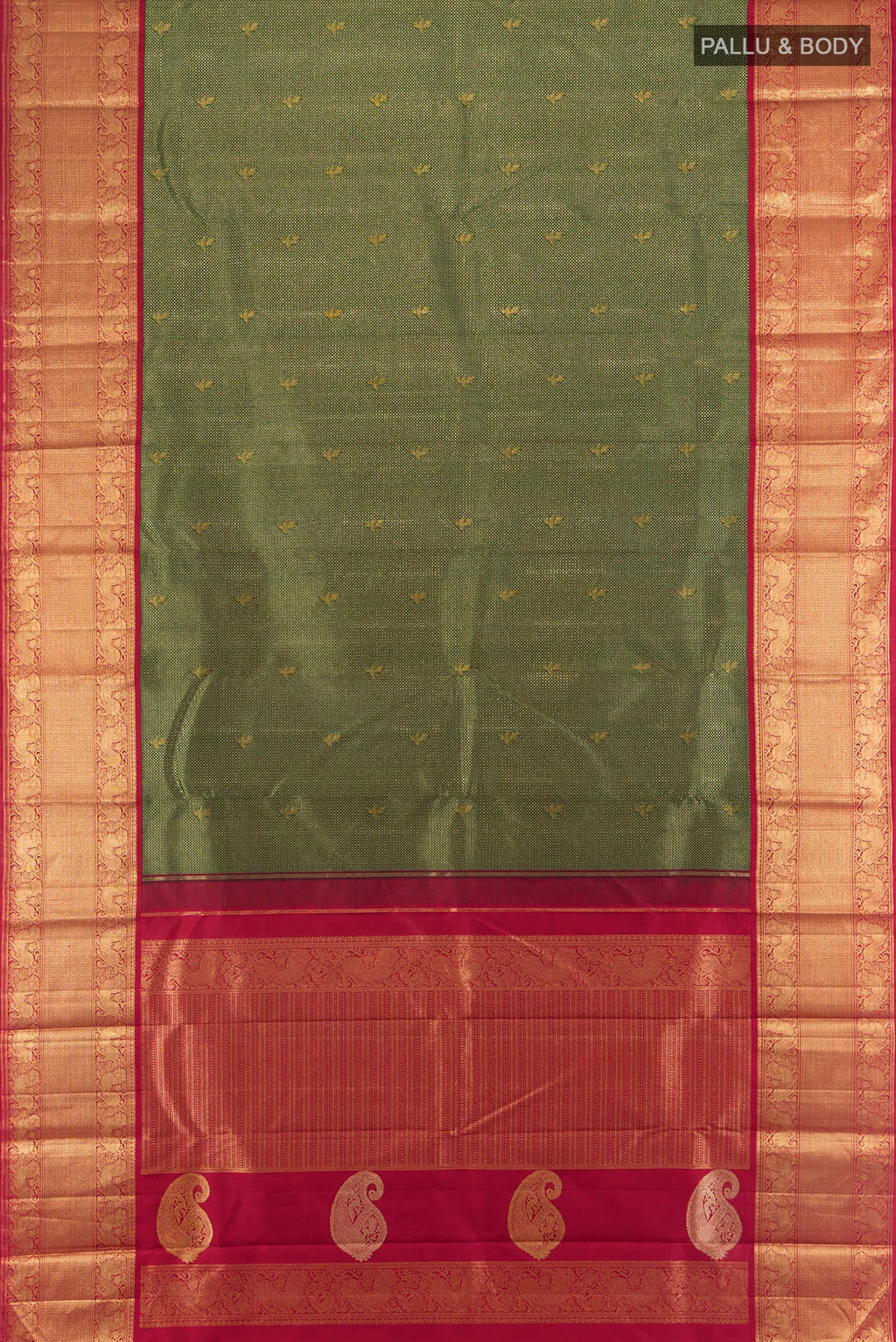 Flat view of Pure Silk Pure Zari Bottle Green Kanjivaram Saree with Zari Brocade on the body and Zari Border. 