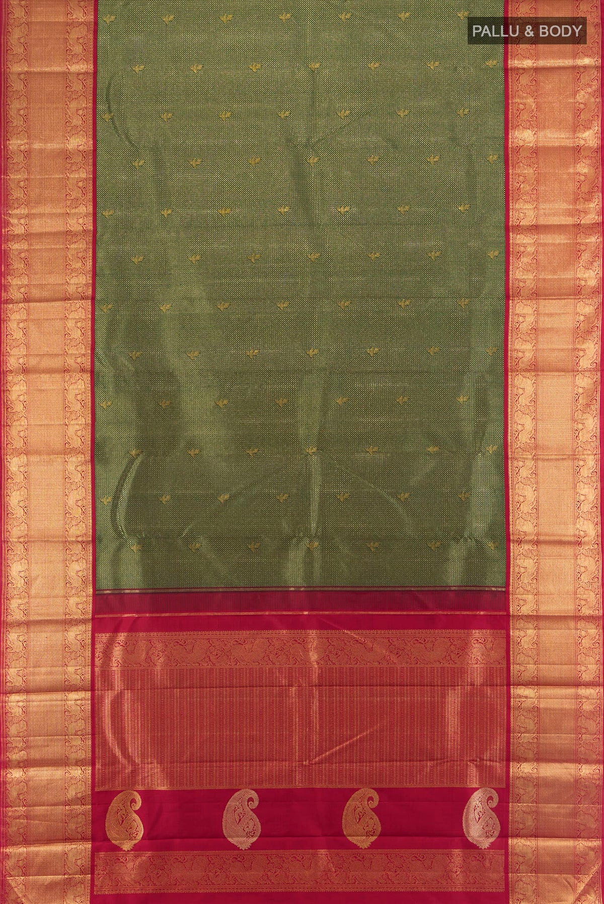 Flat view of Pure Silk Pure Zari Bottle Green Kanjivaram Saree with Zari Brocade on the body and Zari Border. 