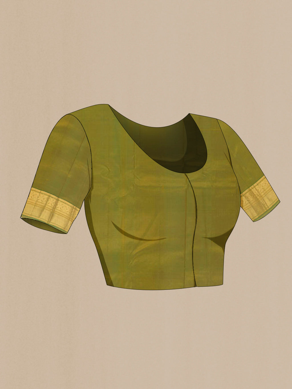 Close up image of the blouse of Pure Silk Mustard Kanjivaram Saree with Zari Butta on the body and Zari Border. 