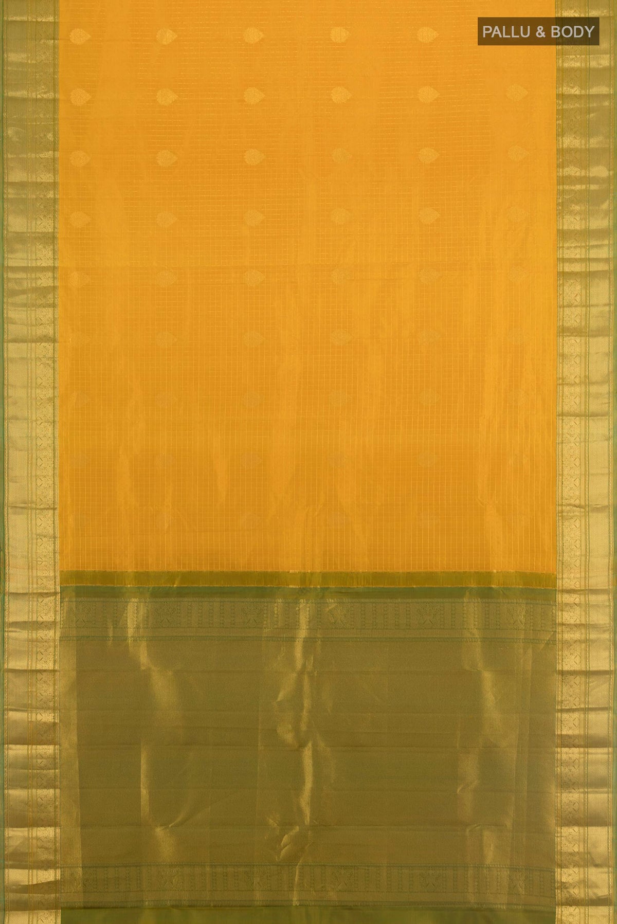 Flat view of Pure Silk Mustard Kanjivaram Saree with Zari Butta on the body and Zari Border. 