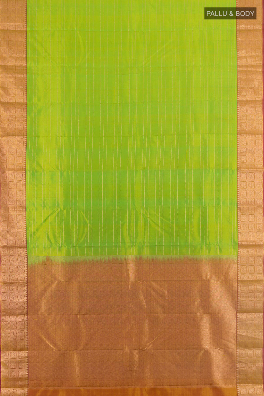 Flat view of Pure Silk Parrot Green Kanchipuram Saree with Stripes on the body and Zari Border. 