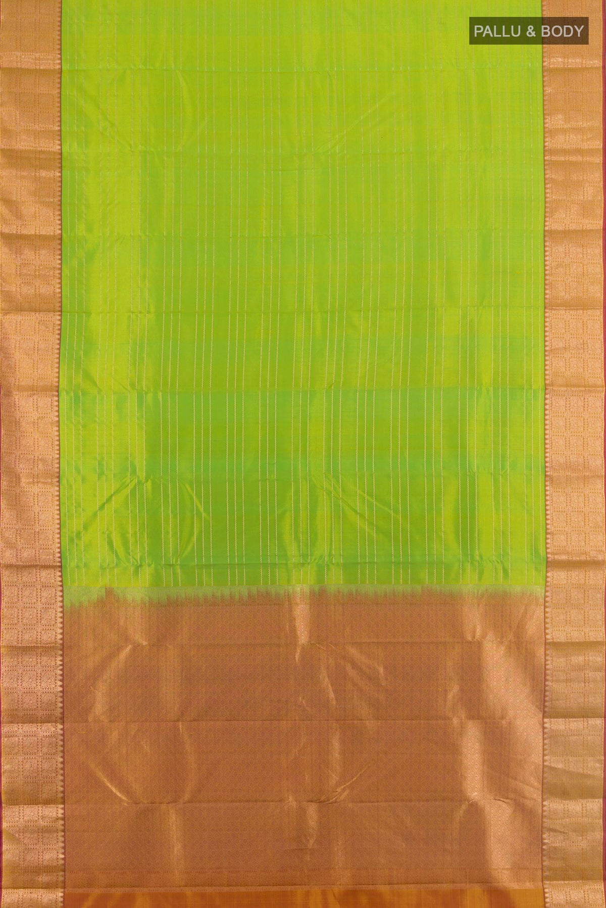 Flat view of Pure Silk Parrot Green Kanchipuram Saree with Stripes on the body and Zari Border. 