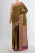 Pure Silk Mehandi Green Kanchipuram Saree with Stripes on the body and Zari Border.  displayed on a mannequin
