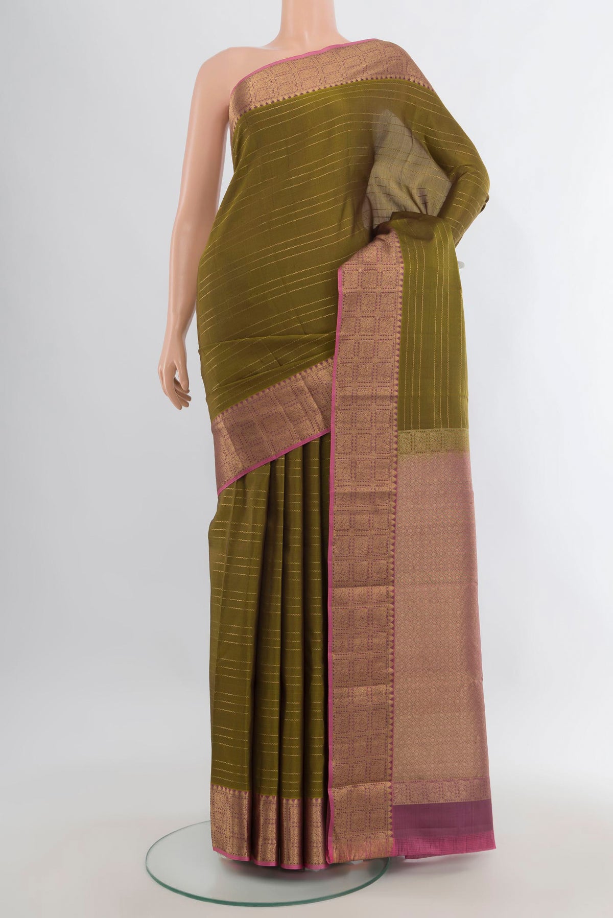 Pure Silk Mehandi Green Kanchipuram Saree with Stripes on the body and Zari Border.  displayed on a mannequin