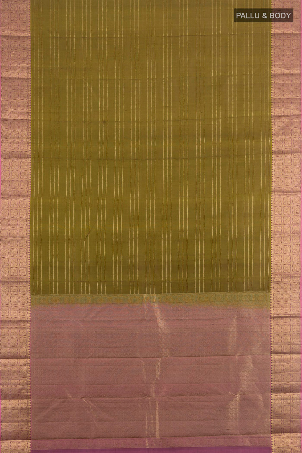 Flat view of Pure Silk Mehandi Green Kanchipuram Saree with Stripes on the body and Zari Border. 