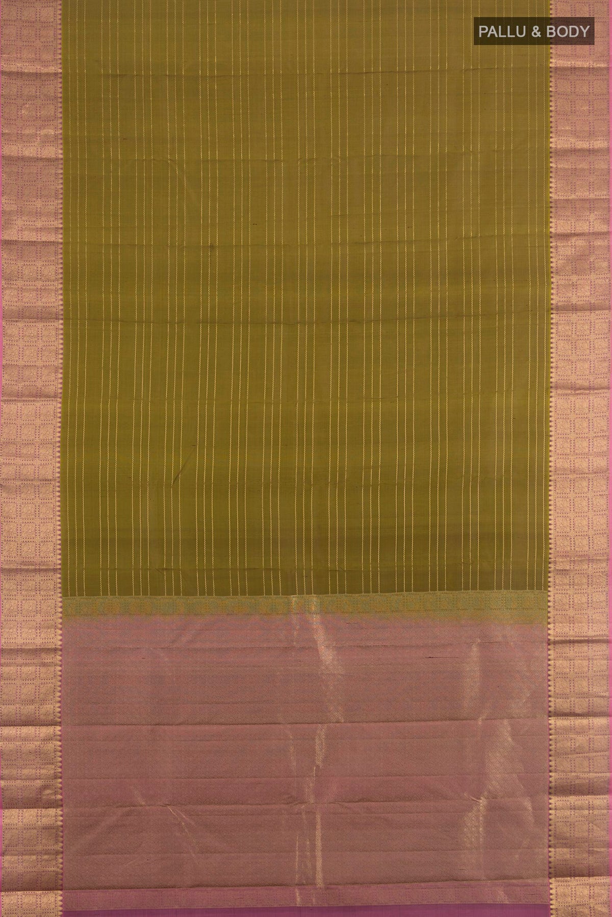 Flat view of Pure Silk Mehandi Green Kanchipuram Saree with Stripes on the body and Zari Border. 