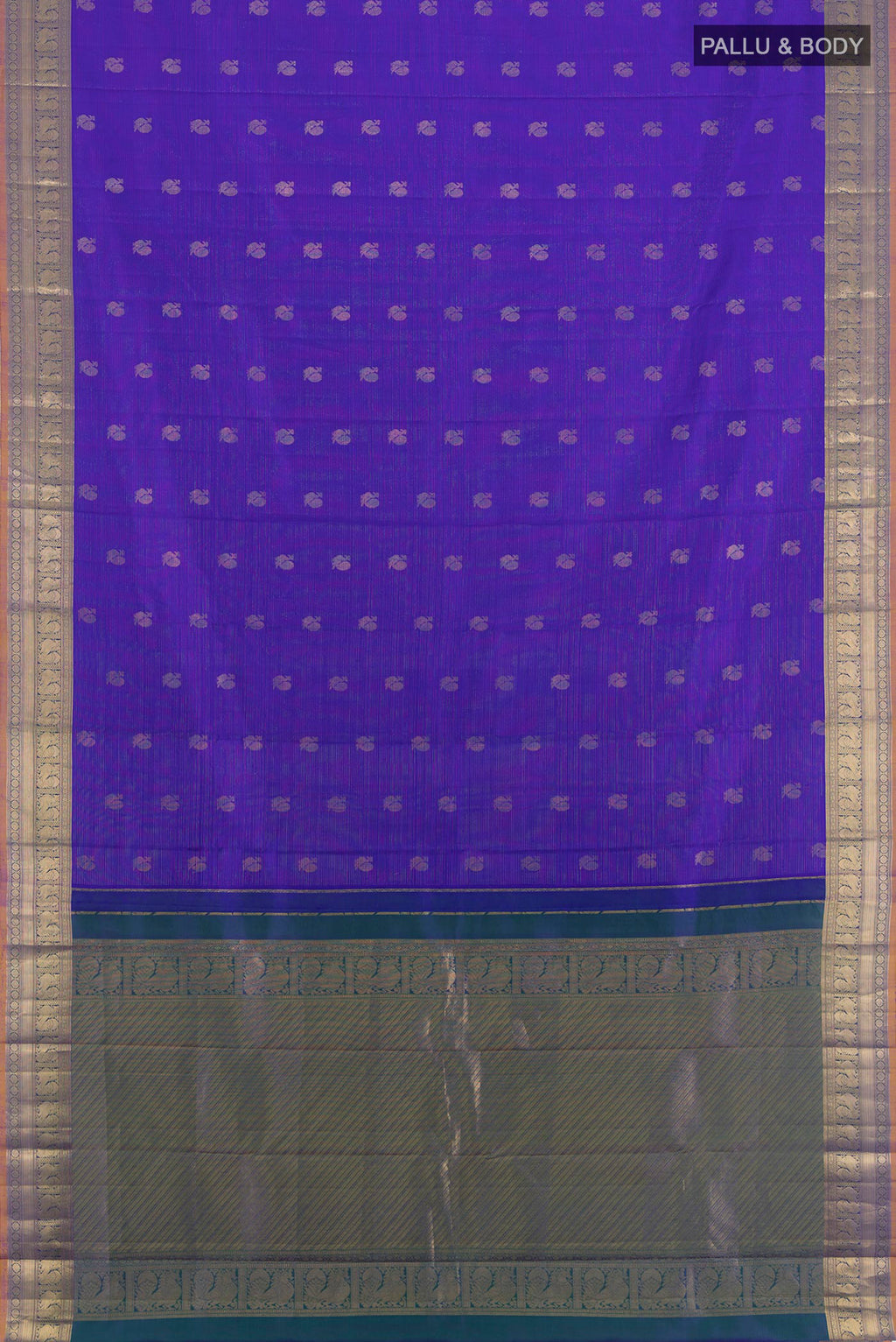 Flat view of Pure Silk Royal Blue Kanchipuram Saree with Zari Butta on the body and Zari Border. 