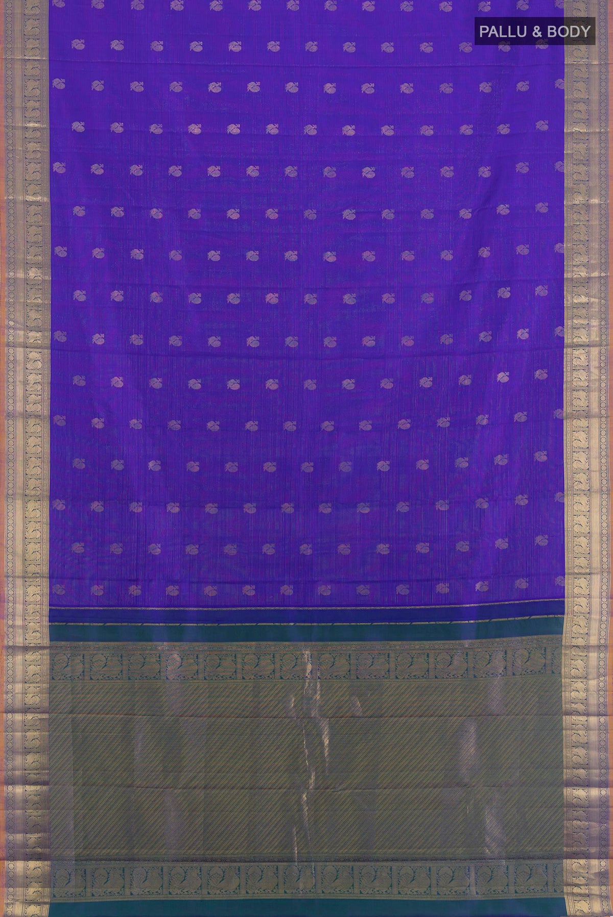 Flat view of Pure Silk Royal Blue Kanchipuram Saree with Zari Butta on the body and Zari Border. 