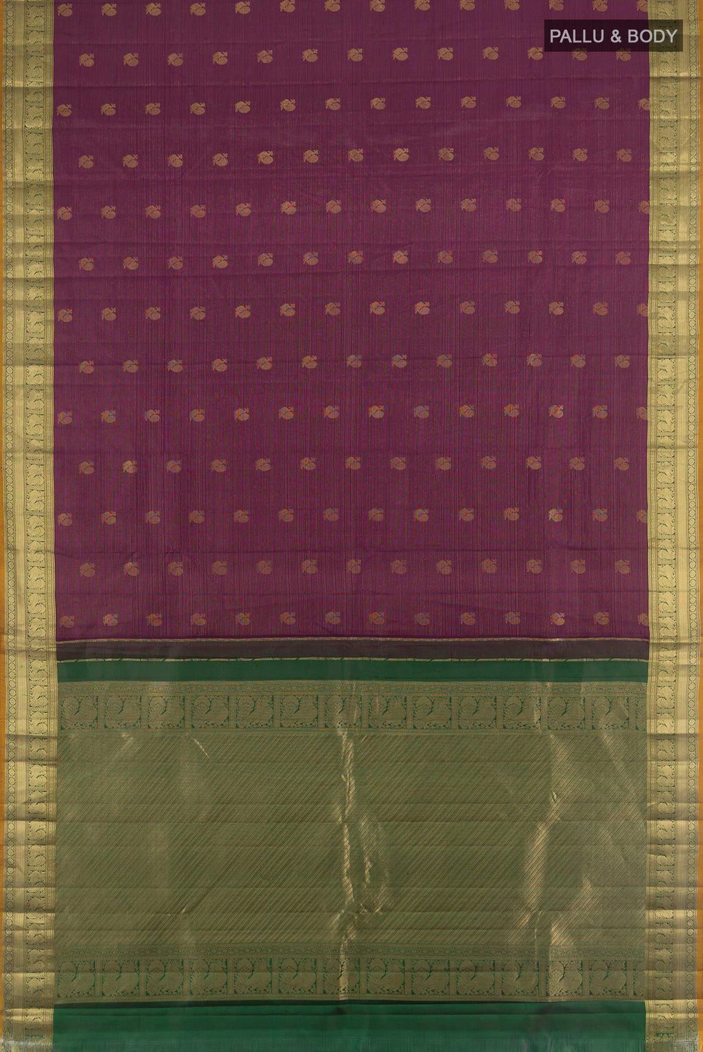 Flat view of Pure Silk Purple Kanchipuram Saree with Zari Butta on the body and Zari Border. 
