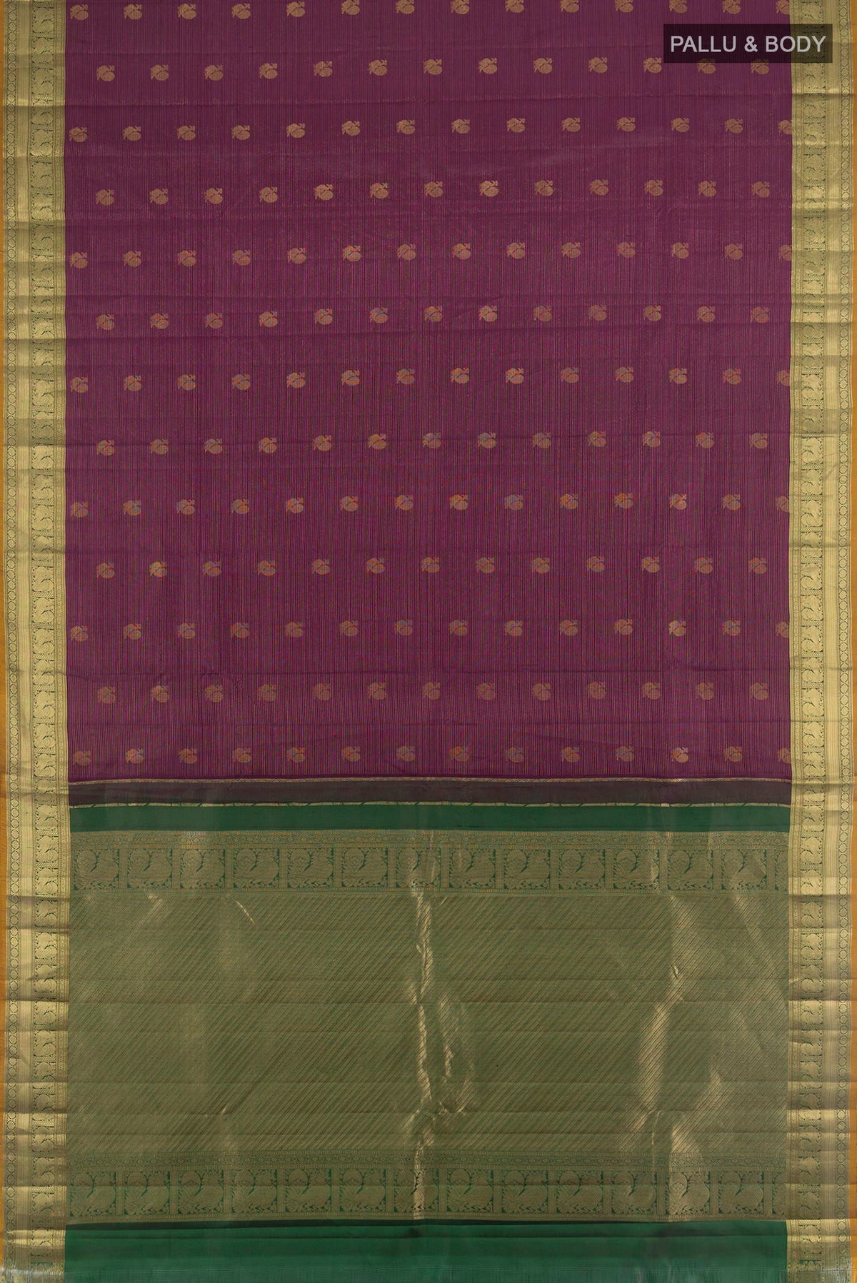 Flat view of Pure Silk Purple Kanchipuram Saree with Zari Butta on the body and Zari Border. 