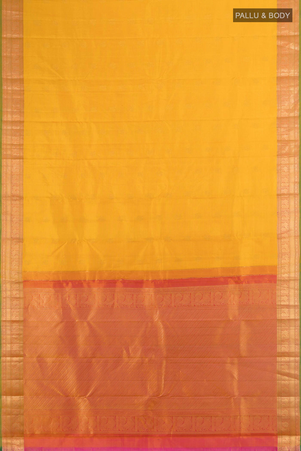 Flat view of Pure Silk Mustard Kanchipuram Saree with Zari Butta on the body and Silk Border. 
