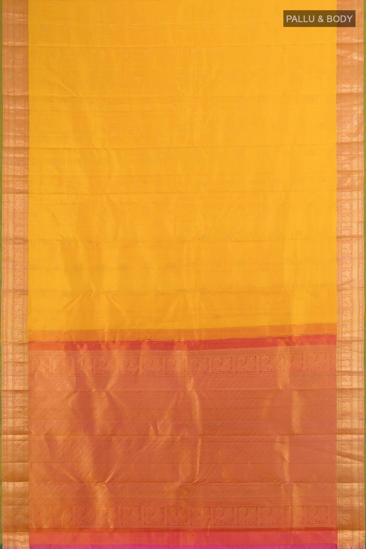 Flat view of Pure Silk Mustard Kanchipuram Saree with Zari Butta on the body and Silk Border. 