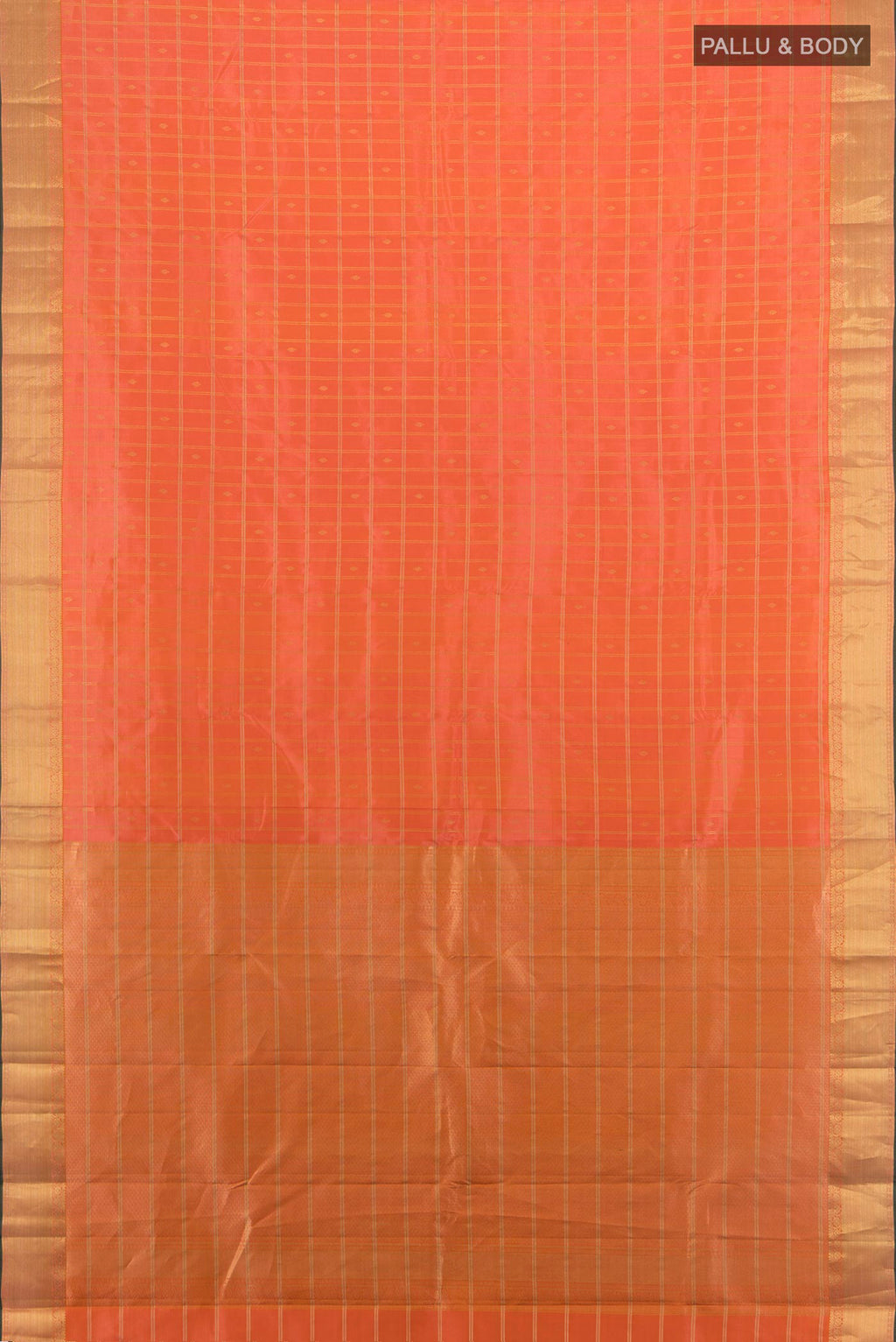 Flat view of Pure Silk Rose Gold Kanchipuram Saree with Zari Butta on the body and Silk Border. 