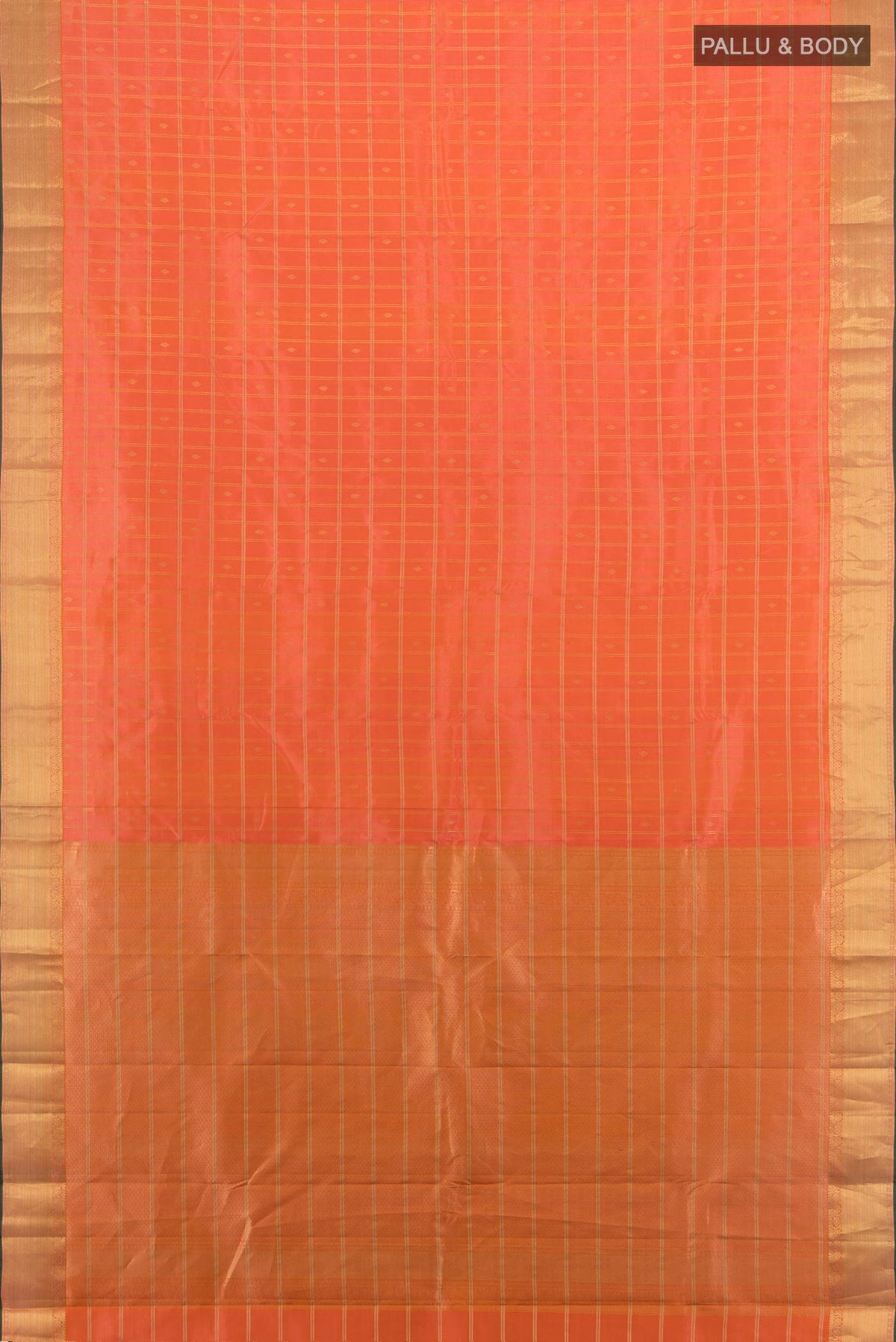 Flat view of Pure Silk Rose Gold Kanchipuram Saree with Zari Butta on the body and Silk Border. 