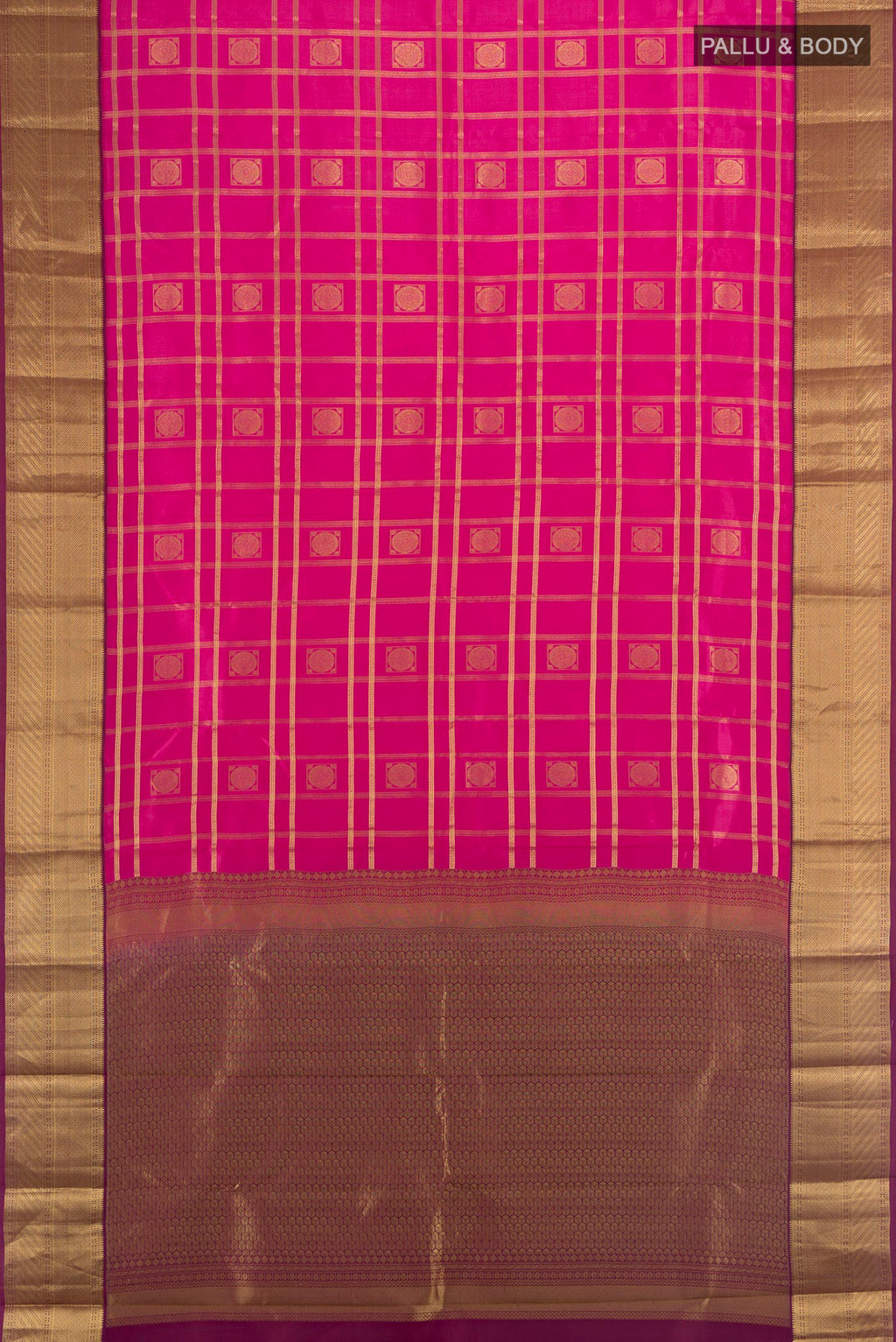 Flat view of Pure Silk Pink Kanchipuram Saree with Checked design on the body and Zari Border. 