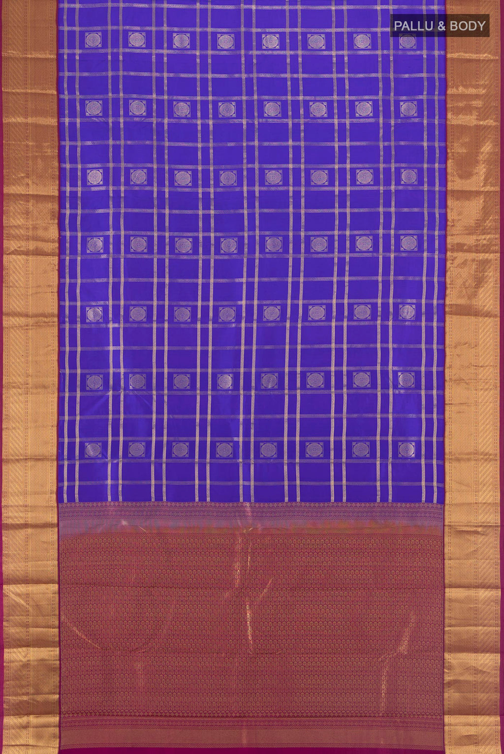 Flat view of Pure Silk Dark Blue Kanchipuram Saree with Checked design on the body and Zari Border. 