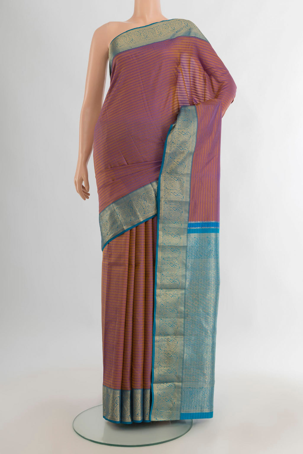 Pure Silk Purple with Mustard Color Kanjivaram Saree with Stripes on the body and Zari Border.  displayed on a mannequin