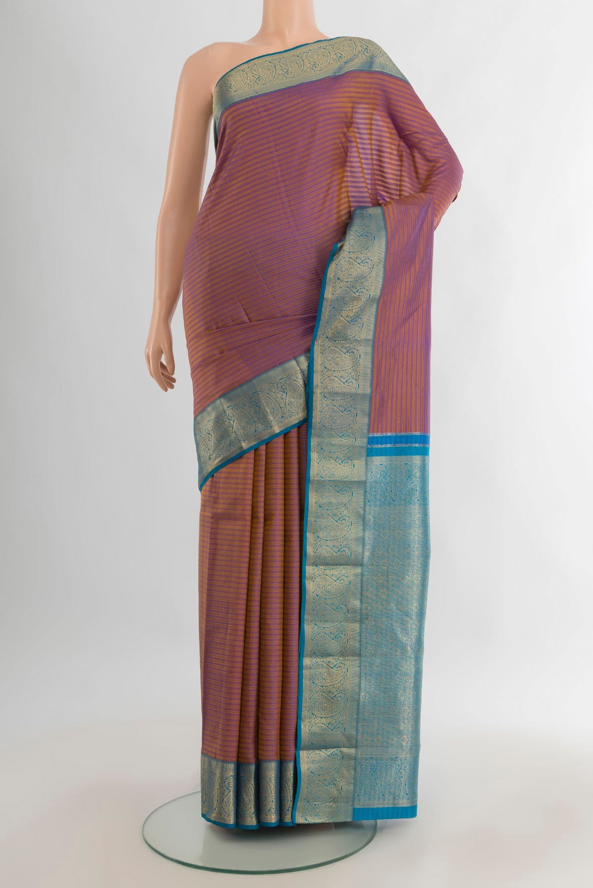Pure Silk Purple with Mustard Color Kanjivaram Saree with Stripes on the body and Zari Border.  displayed on a mannequin