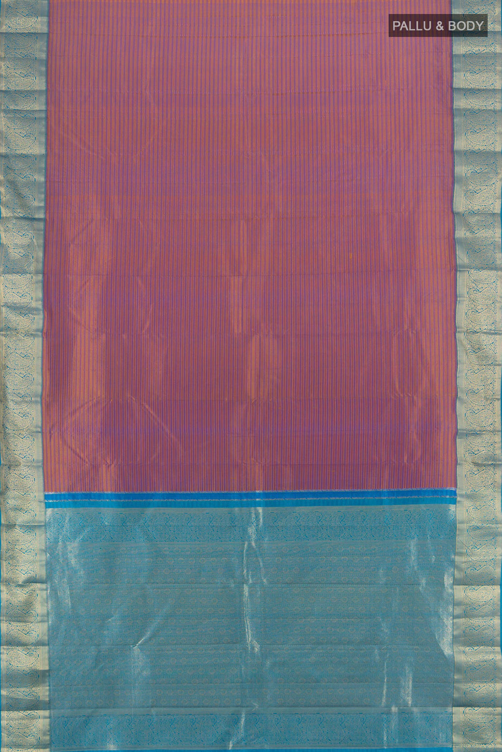 Flat view of Pure Silk Purple with Mustard Color Kanjivaram Saree with Stripes on the body and Zari Border. 