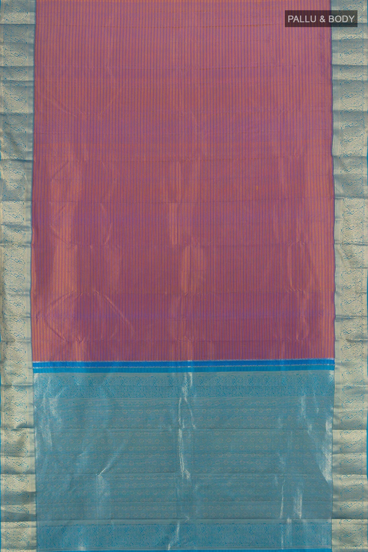 Flat view of Pure Silk Purple with Mustard Color Kanjivaram Saree with Stripes on the body and Zari Border. 