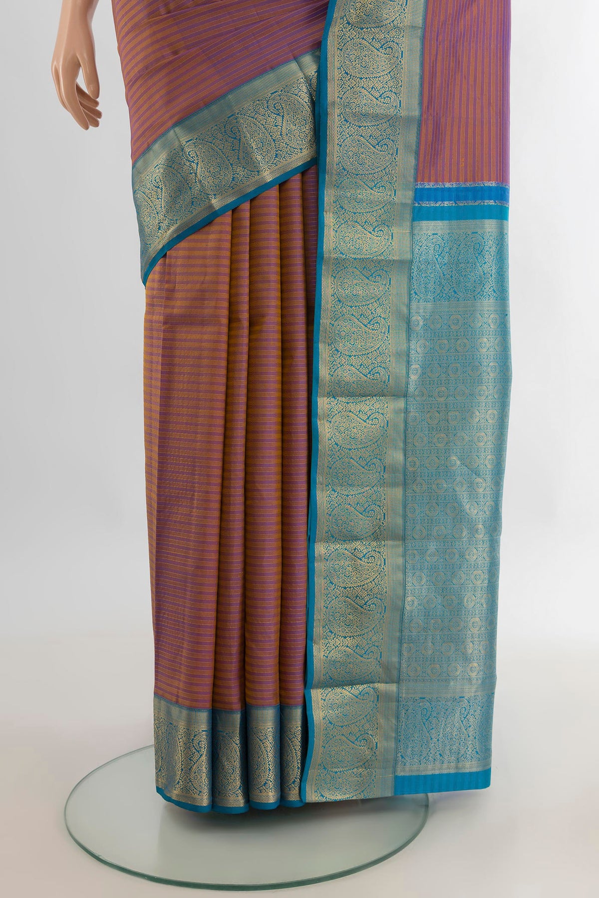Pleats and pallu of Pure Silk Purple with Mustard Color Kanjivaram Saree with Stripes on the body and Zari Border. 