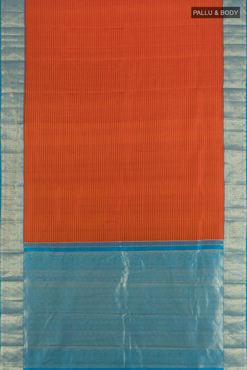 Flat view of Pure Silk Rust Kanjivaram Saree with Stripes on the body and Zari Border. 