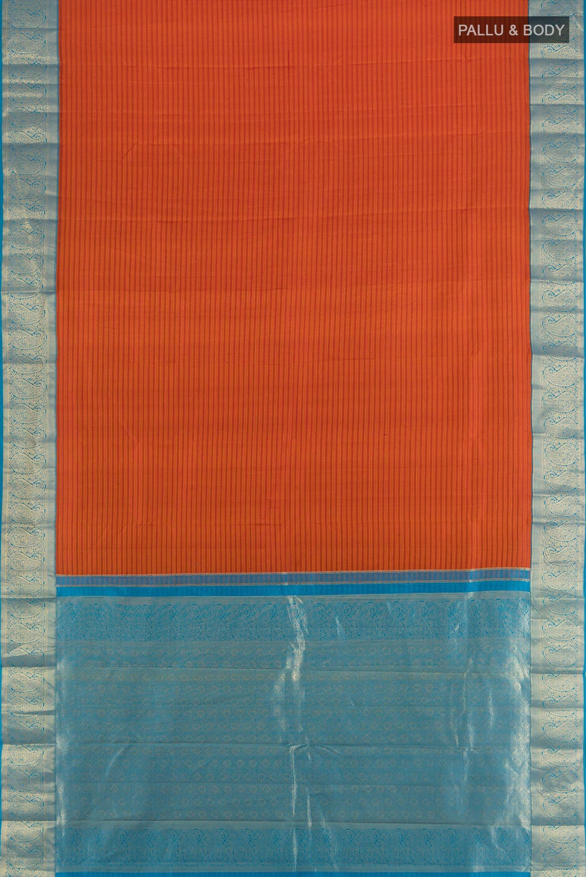 Flat view of Pure Silk Rust Kanjivaram Saree with Stripes on the body and Zari Border. 