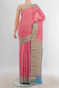 Pure Silk Pink Kanchipuram Saree with Checked design on the body and Zari Border.  displayed on a mannequin