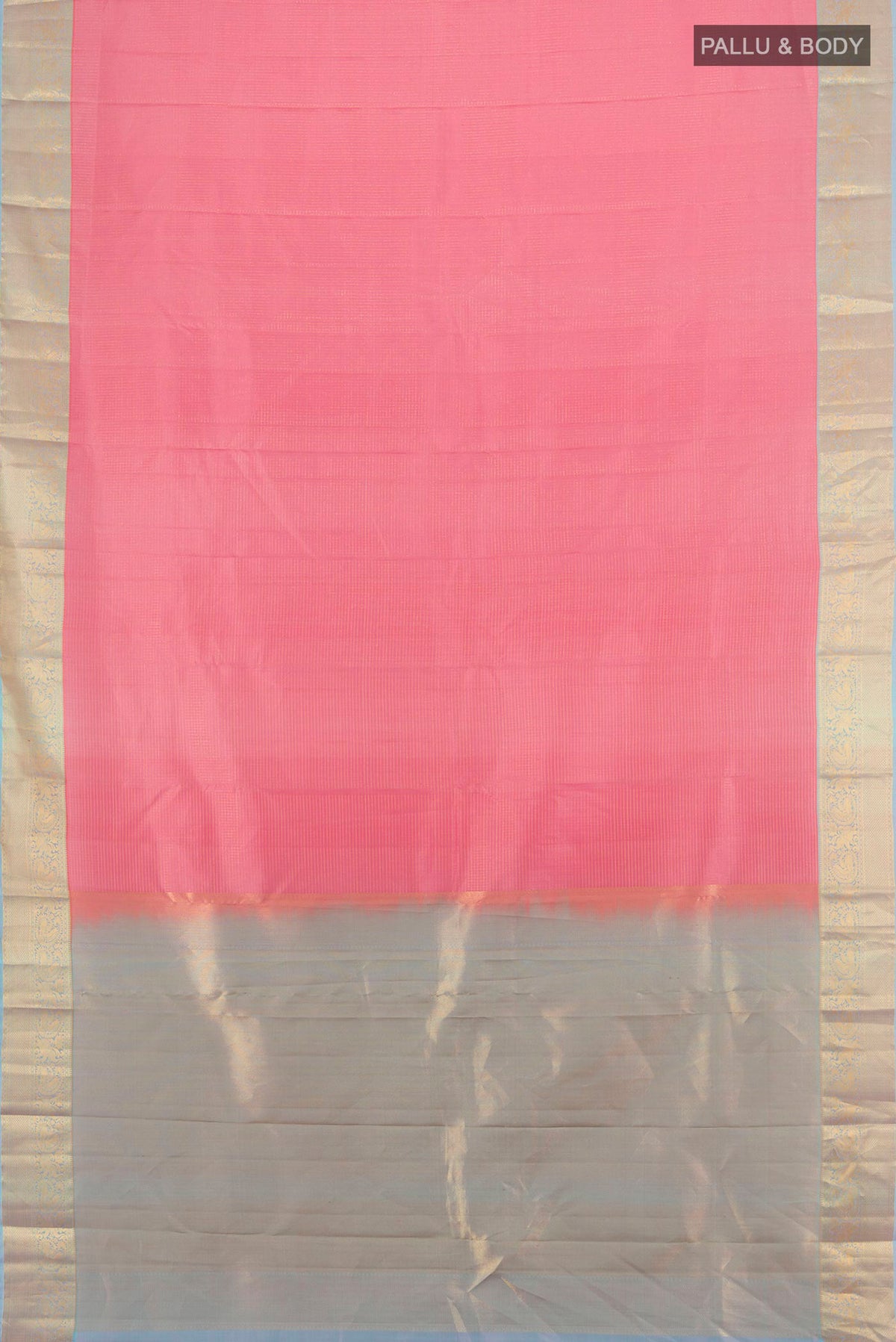 Flat view of Pure Silk Pink Kanchipuram Saree with Checked design on the body and Zari Border. 