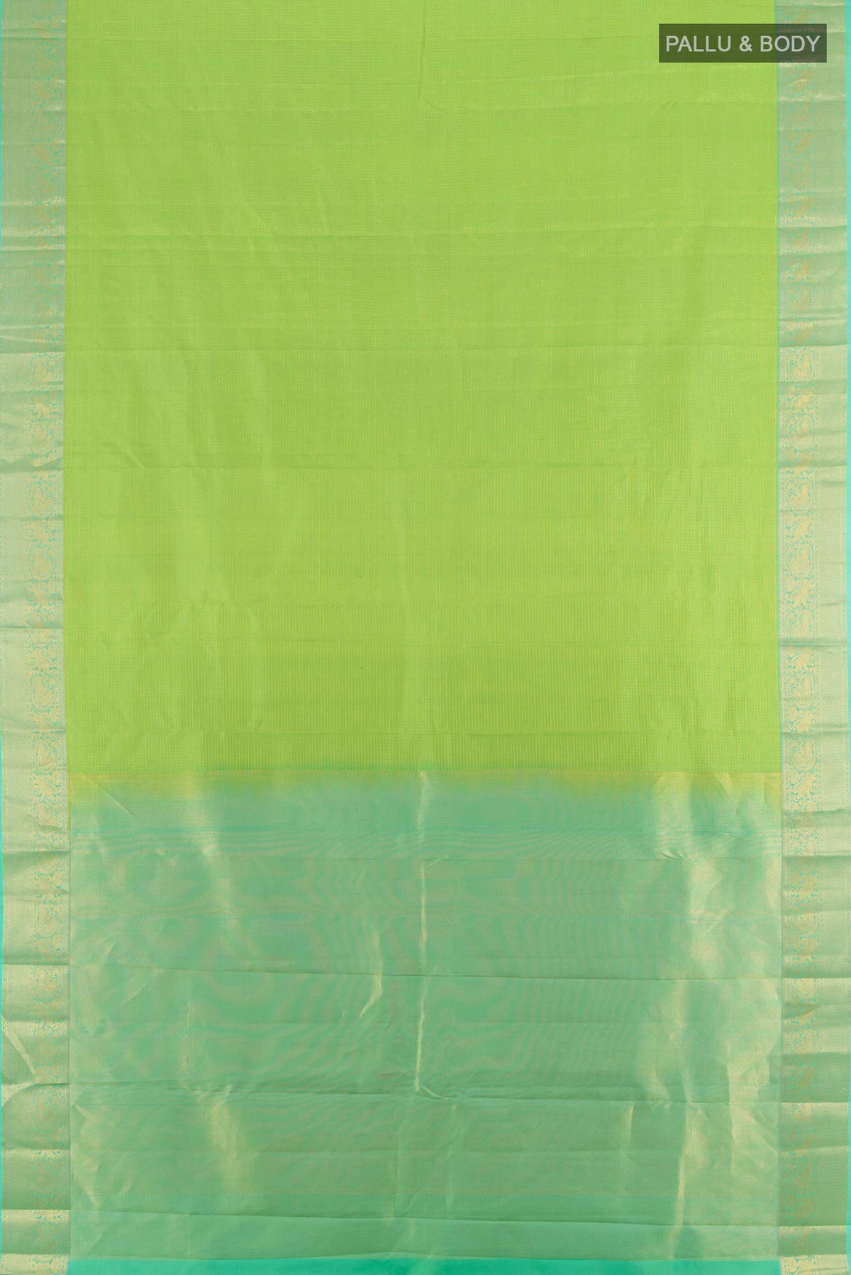 Flat view of Pure Silk Parrot Green Kanchipuram Saree with Checked design on the body and Zari Border. 