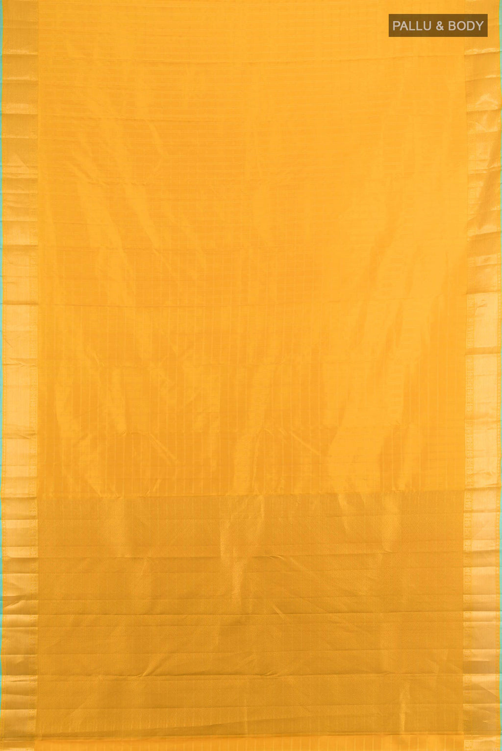 Flat view of Pure Silk Mustard Kanchipuram Saree with Checked design on the body and Zari Border. 