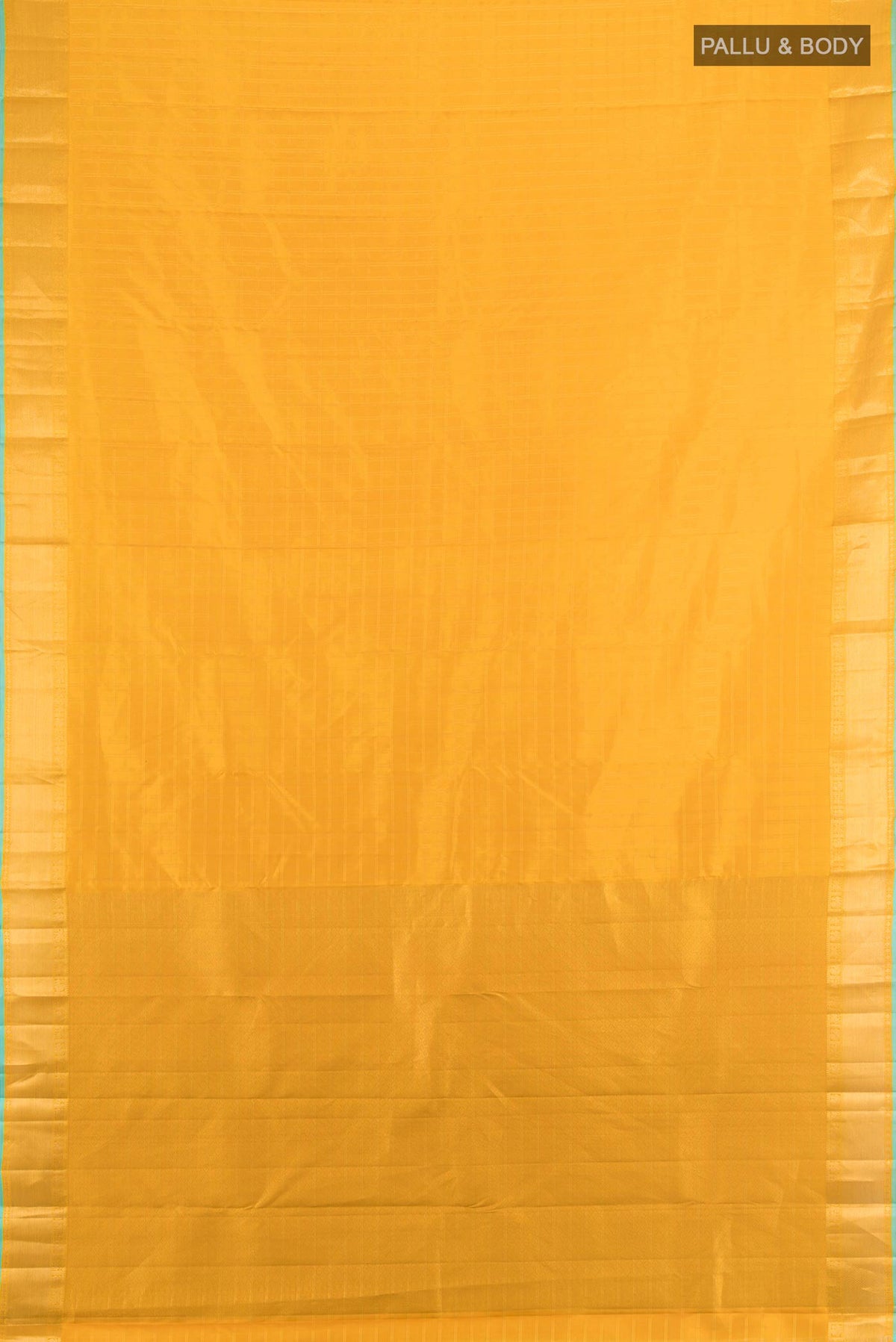 Flat view of Pure Silk Mustard Kanchipuram Saree with Checked design on the body and Zari Border. 