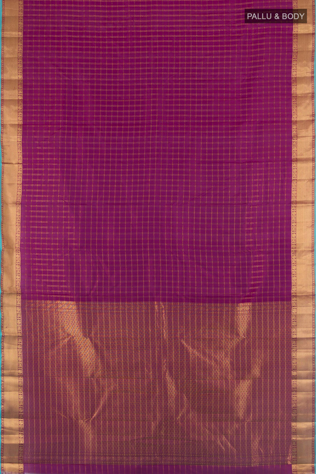 Flat view of Pure Silk Magenta Kanchipuram Saree with Checked design on the body and Zari Border. 
