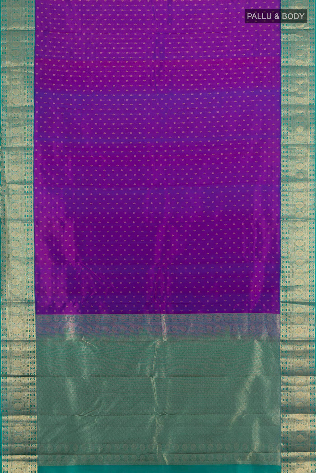Flat view of Pure Silk Purple Kanchipuram Saree with Zari Butta on the body and Zari Border. 