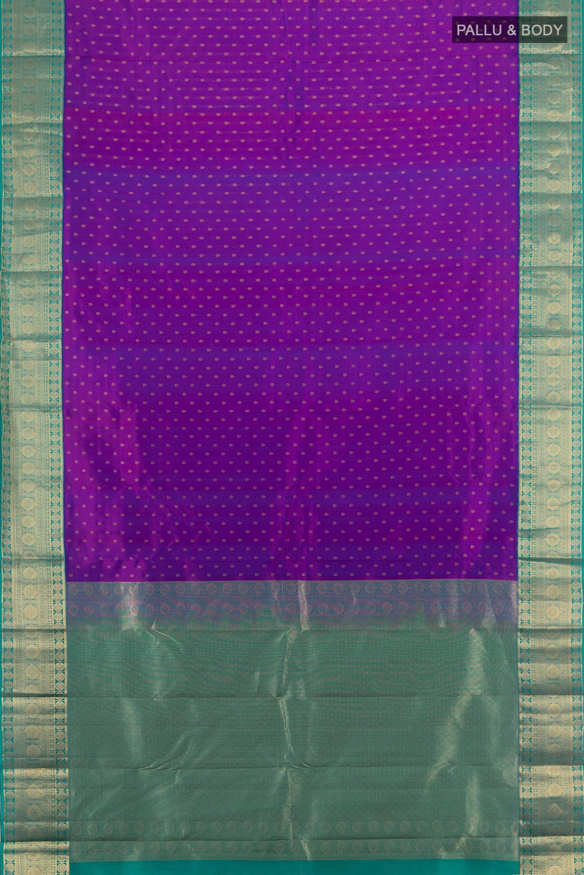 Flat view of Pure Silk Purple Kanchipuram Saree with Zari Butta on the body and Zari Border. 