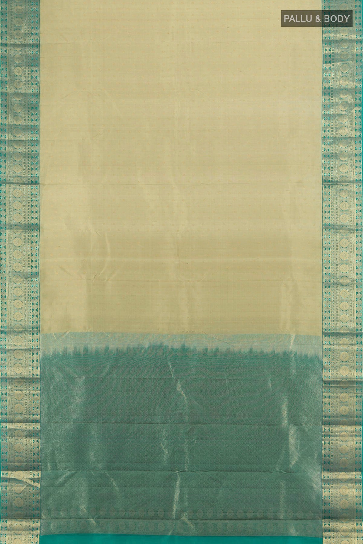 Flat view of Pure Silk Olive Green Kanchipuram Saree with Zari Butta on the body and Silk Border. 