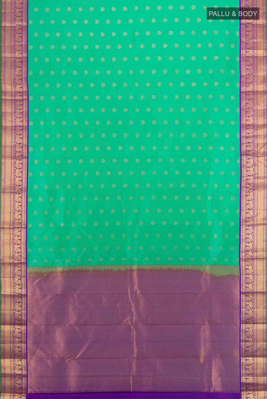 Flat view of Pure Silk Sea Green Kanchipuram Saree with Zari Butta on the body and Zari Border. 