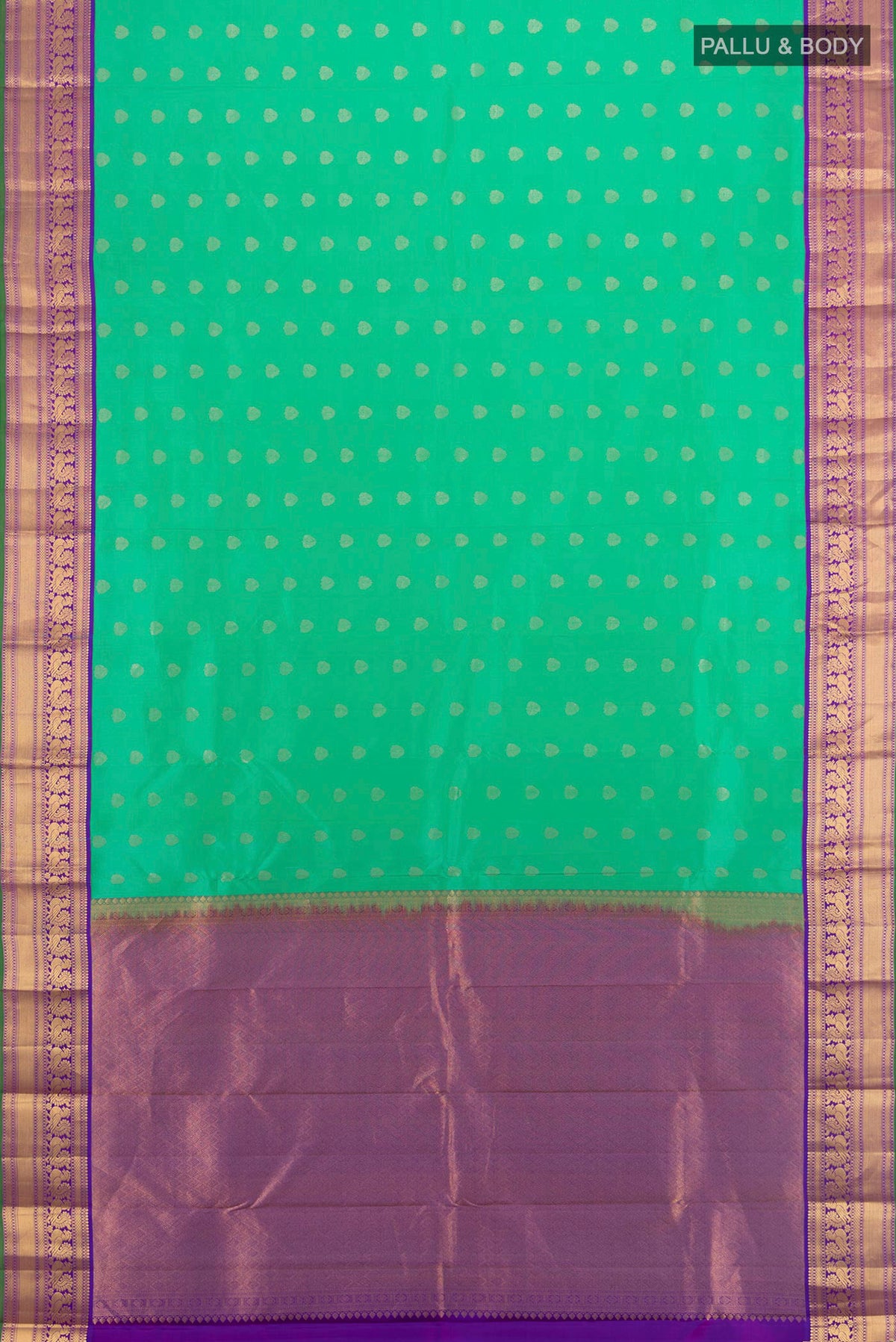 Flat view of Pure Silk Sea Green Kanchipuram Saree with Zari Butta on the body and Zari Border. 