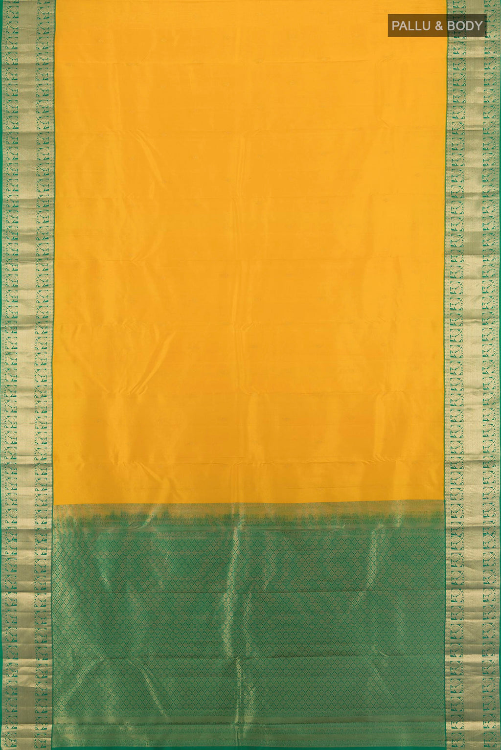 Flat view of Pure Silk Mustard Kanchipuram Saree with Zari Butta on the body and Zari Border. 