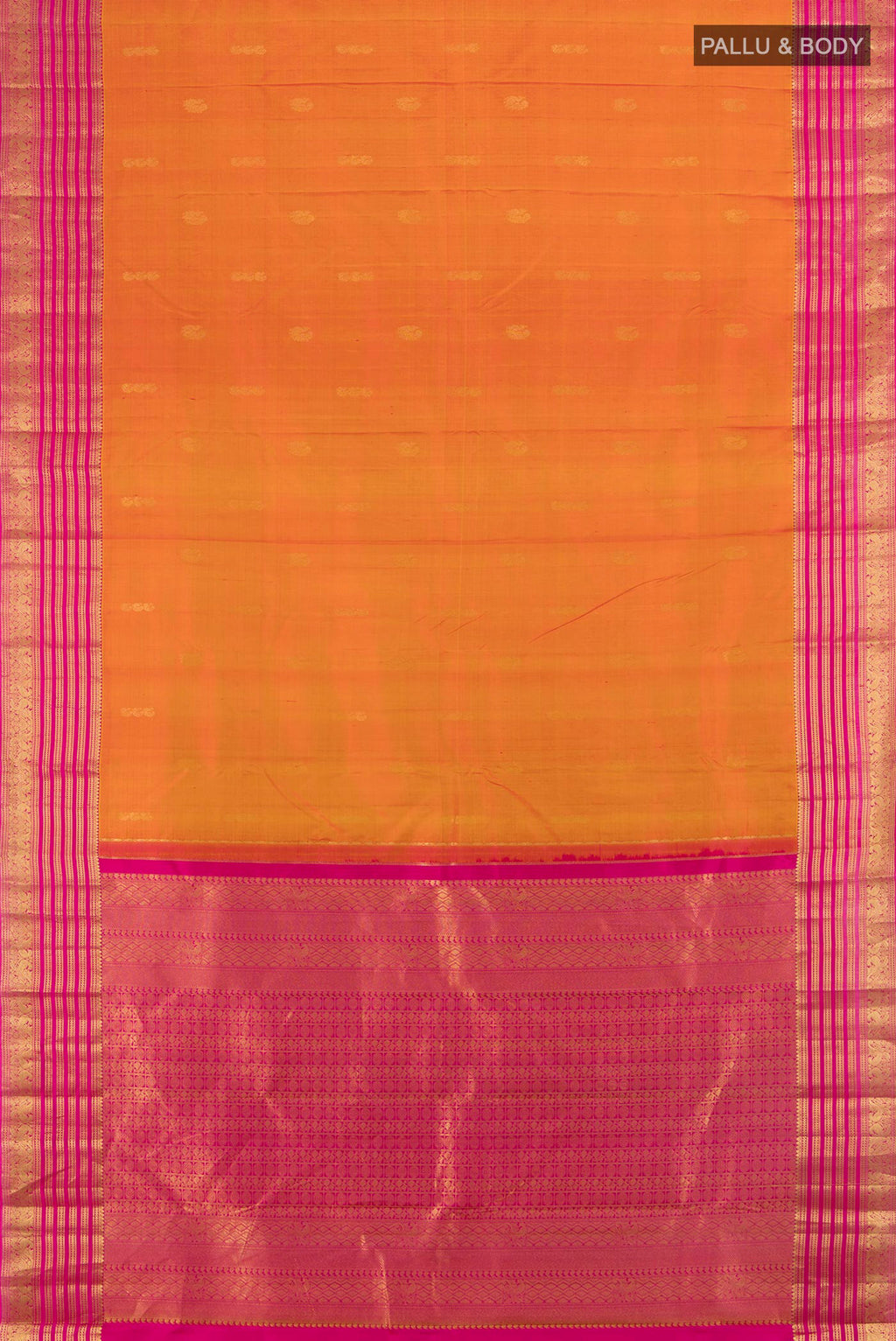 Flat view of Pure Silk Mustard Kanchipuram Saree with Zari Butta on the body and Zari Border. 