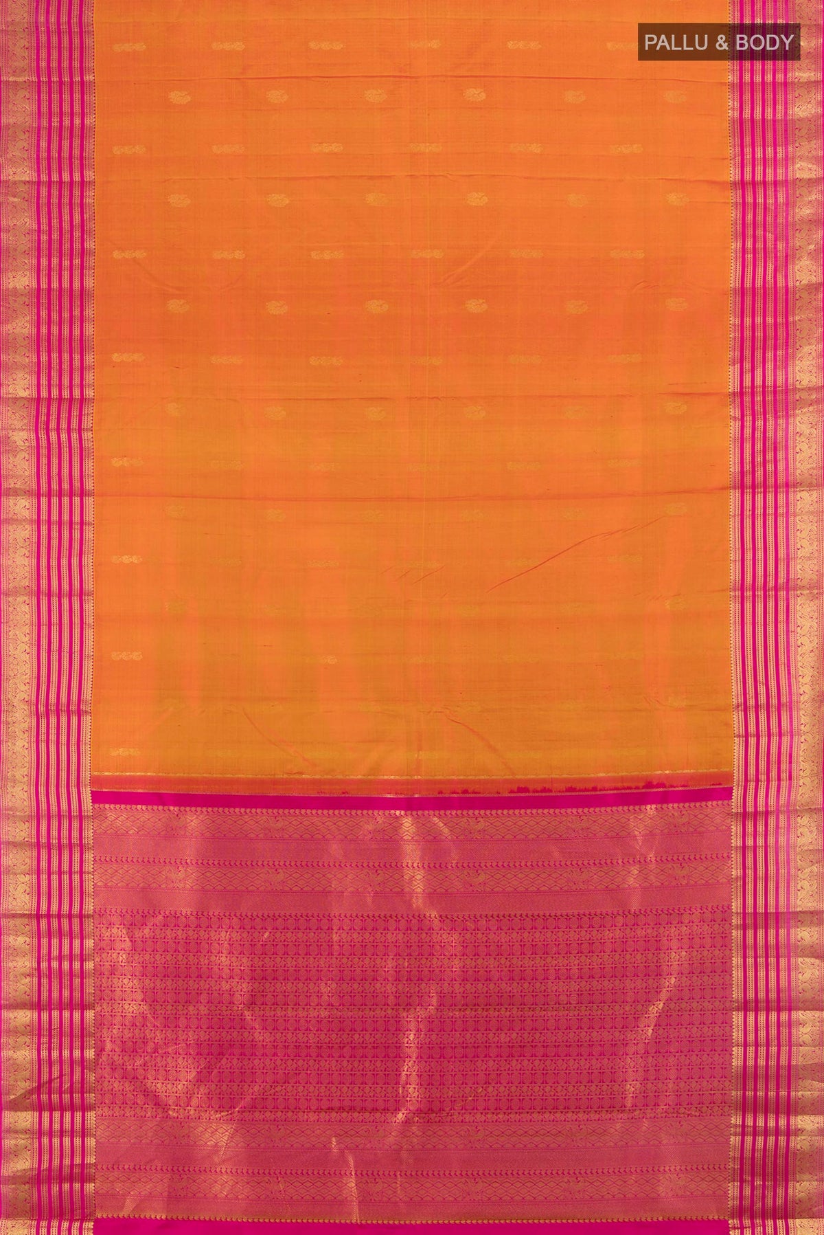 Flat view of Pure Silk Mustard Kanchipuram Saree with Zari Butta on the body and Zari Border. 
