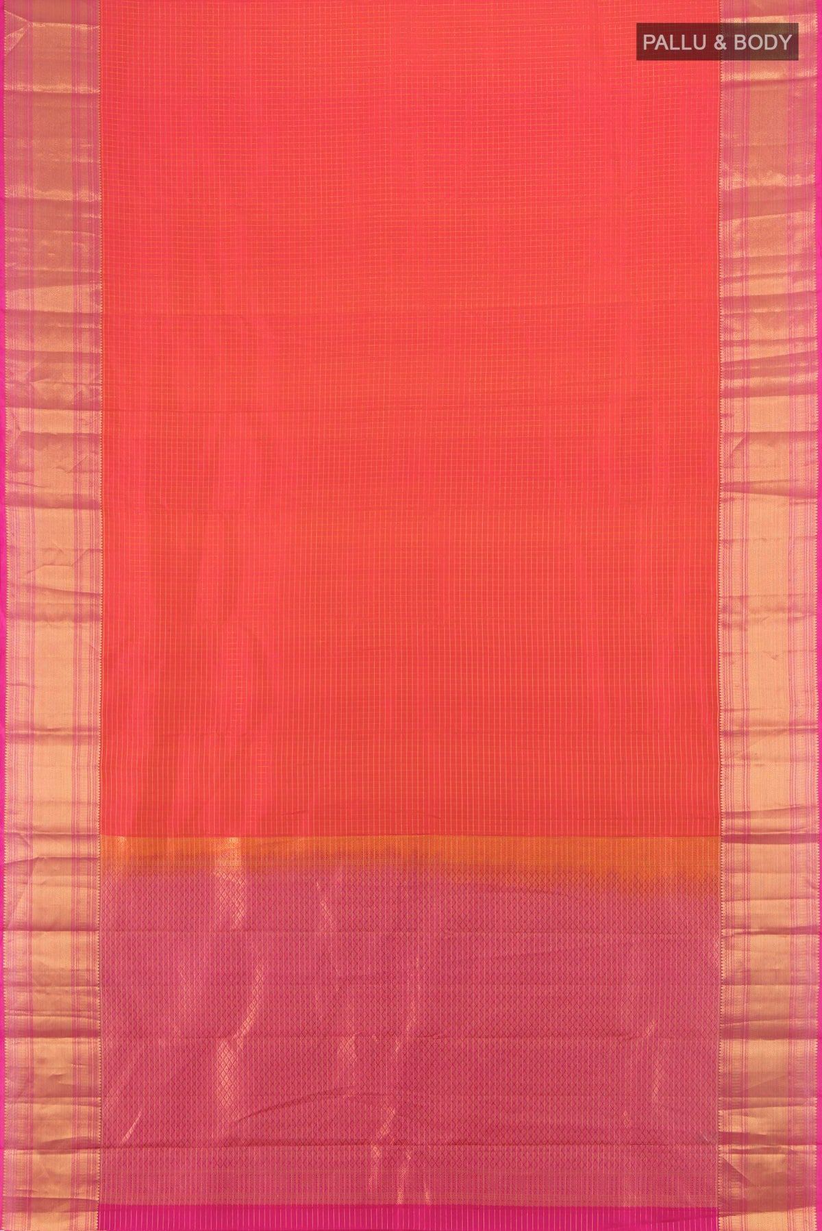 Flat view of Pure Silk Brick Orange Kanjivaram Saree with Checked design on the body and Zari Border. 