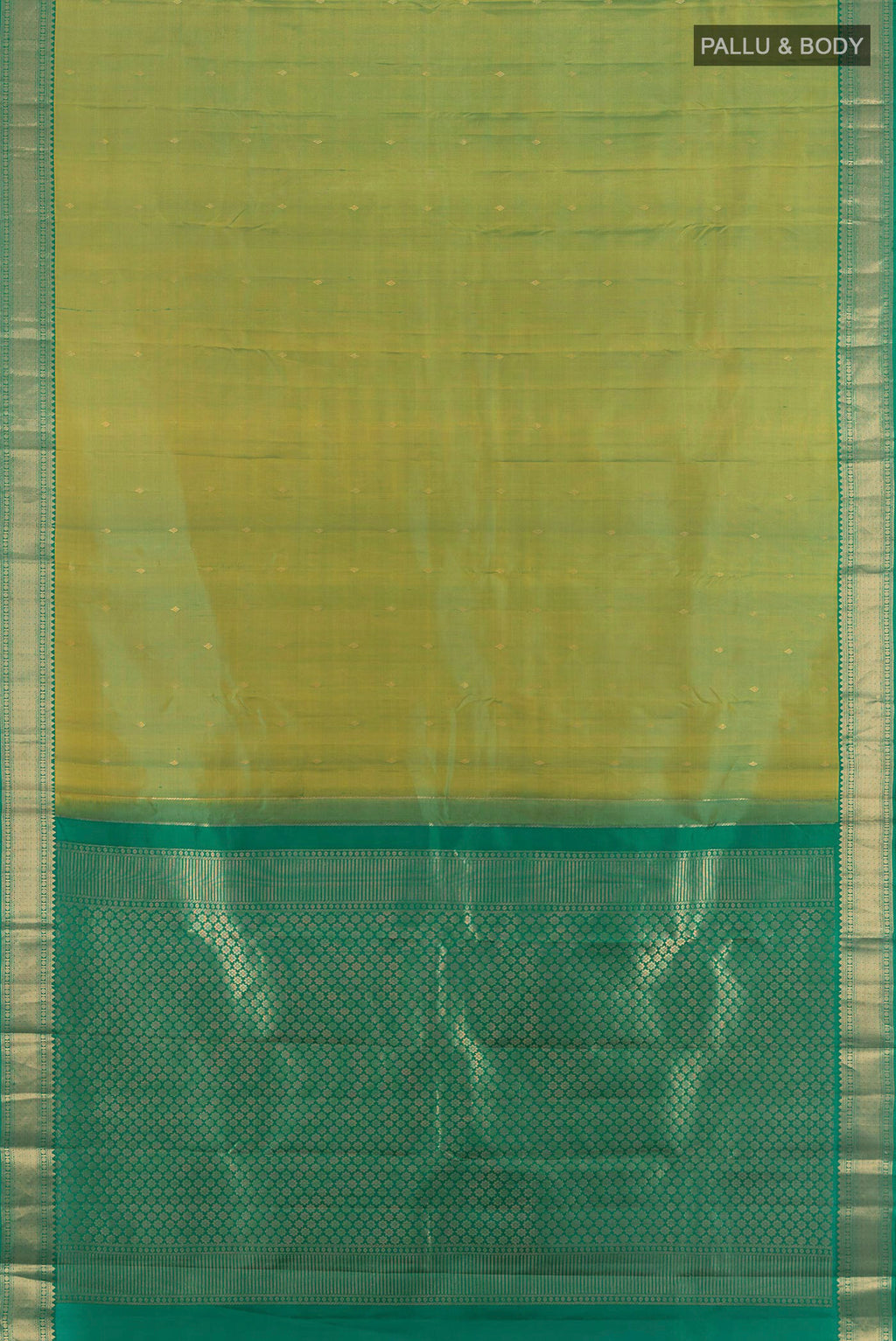 Flat view of Pure Silk Light Green Kanchipuram Saree with Zari Butta on the body and Zari Border. 