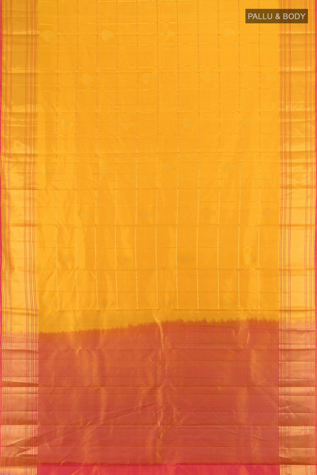 Flat view of Pure Silk Mustard Kanchipuram Saree with Checked design on the body and Zari Border. 