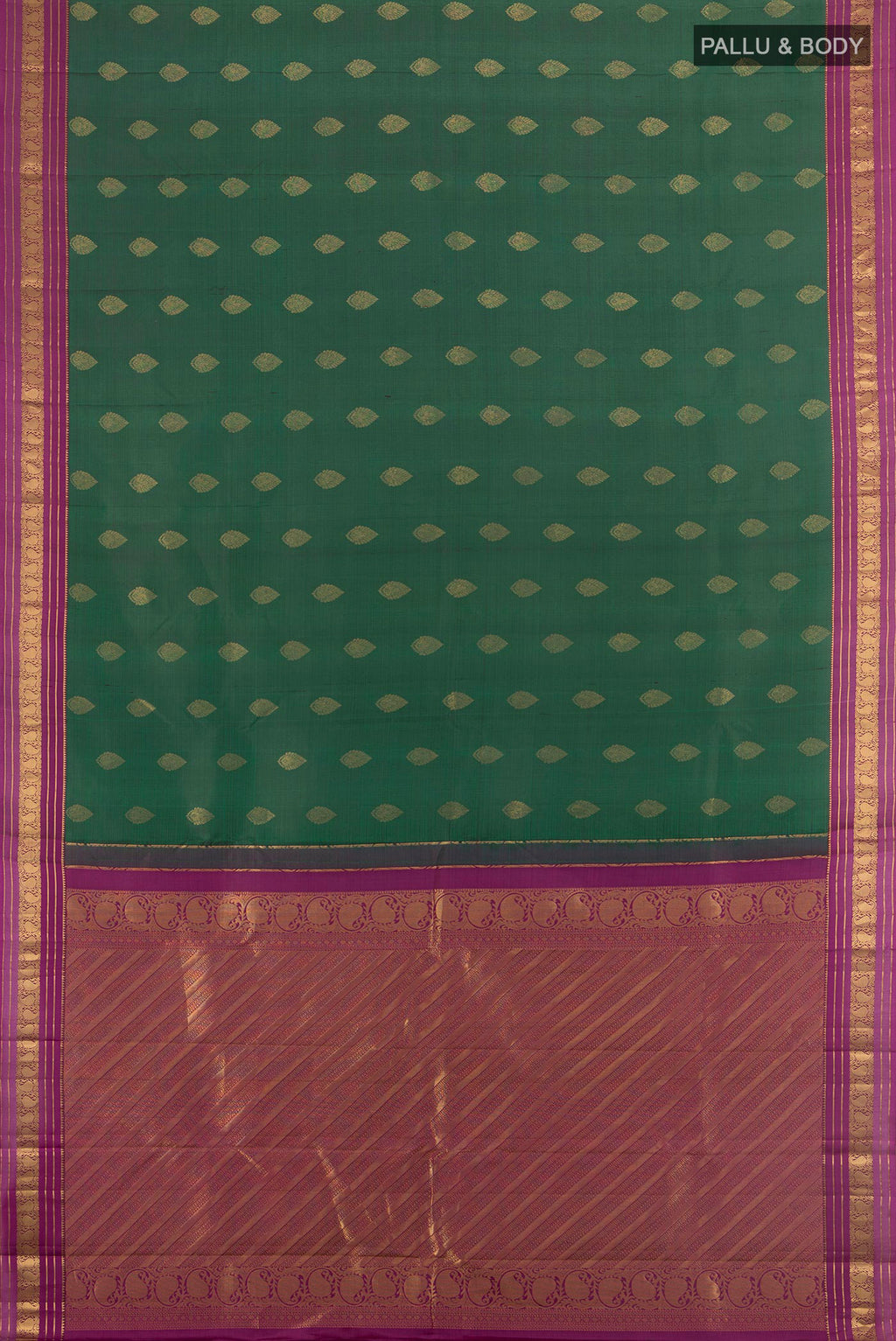 Flat view of Pure Silk Bottle Green Kanchipuram Saree with Zari Butta on the body and Zari Border. 