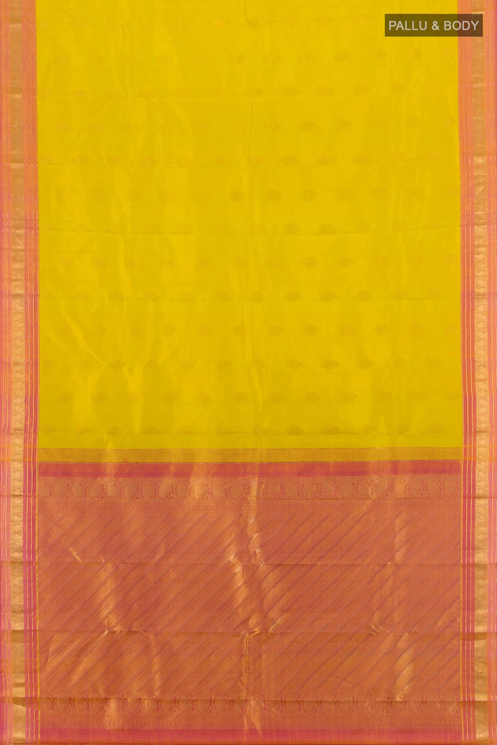 Flat view of Pure Silk Yellow Kanchipuram Saree with Zari Butta on the body and Zari Border. 